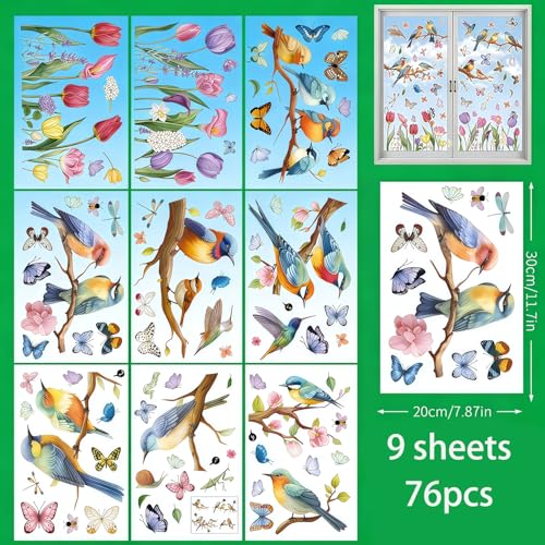GUO-YING Generic Fensteraufkleber Blumen Schmetterlinge, Grün Gras Blumenwiese Fenstersticker, Frühling Sommer Glas Fensterdeko Abziehbilder für Home Wohnzimmer (Frühling)
