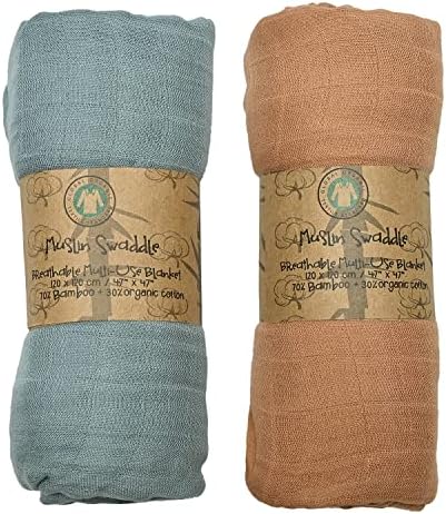 Baby Muslin Swaddle Blankets - Baby Swaddle Blanket for Baby Girl and Baby Boy, Soft Organic Bamboo Cotton Muslin Blanket, Light Breathable, Swaddle Wrap Receiving, 2 Pack, 47 x 47 Inches