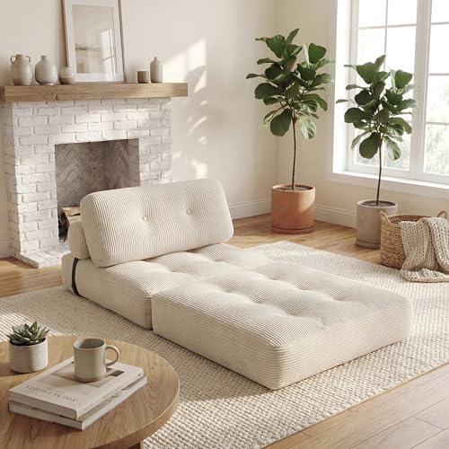 Image of COSTWAY Folding Sofa Bed with Pillow, Convertible Couch (Beige)