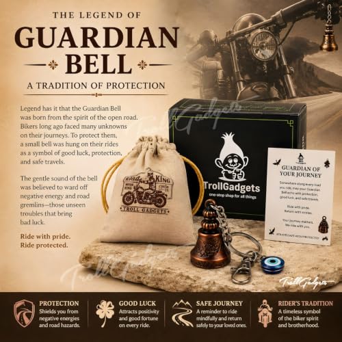Image of TrollGadgets Premium Guardian Bell Keychain for Bike & Car | Tibetan Texture Bell Keychain with Evil Eye & Silver Hook | Good Luck Charm with Laser-Engraved Box And Potley
