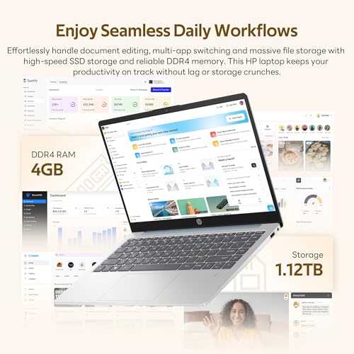 Image of HP 14 inch HD Business & Student Laptop, with Office 365 & Copilot AI, AMD Athlon 7120, 4GB RAM, 1.12TB Storage (128GB UFS + 1TB Docking Station Set), Radeon Graphics, Wi-Fi 6, Windows 11, Moonlight Blue