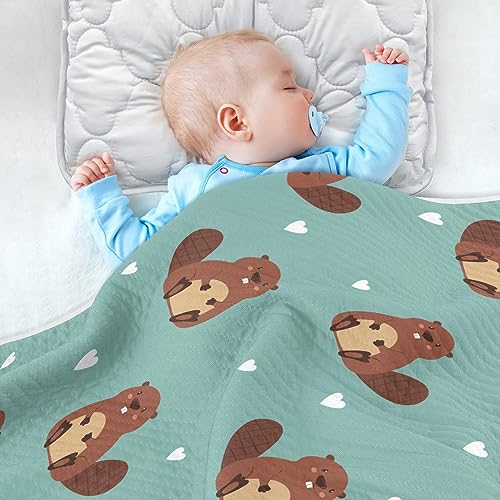 Image of Swaddle Blanket for Green Beaver with Heart Baby Receiving Blanket Muslin Baby Swaddles Soft Cotton Breathable Nursery Blankets for Unisex Boys and Girls 30x40 Inch