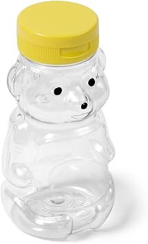 8 oz 5.5 fl oz Clear PET Honey Bear Bottle - 38-400 Neck with Yellow Flip Caps