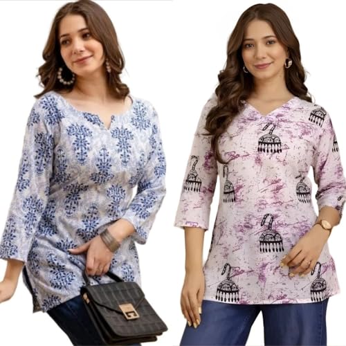 Image of Women's Cotton Printed Short Kurti, Round Neck, Three Quarter Sleeve, Straight Fit, Pack of 2