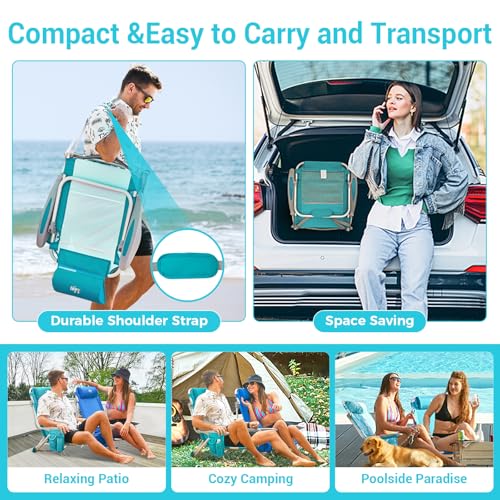 #WEJOY Lightweight Low 2 Pack Beach Chair for Adults, 4-Position Aluminum Folding Camping Chairs with Shoulder Strap, Cup Holder and Padded Headrest, Supports 265lbs for Lawn Outdoor Cyan - Thumbnail 6