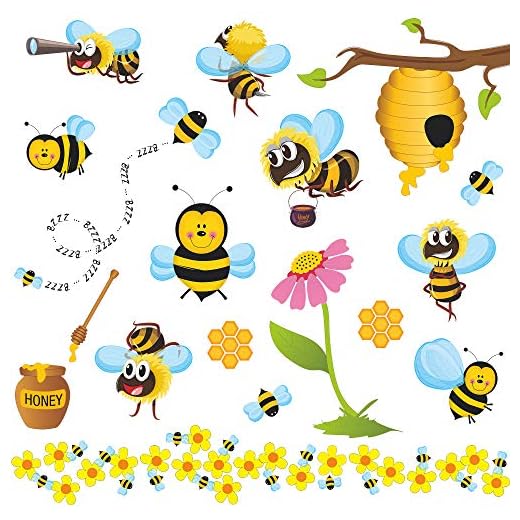 RW-1061 3D-bi väggdekaler bi blommor väggklistermärken tecknade djur klistermärken gör-det-själv avtagbara djur trädgren väggkonst dekor för barn spädbarn barnkammare sovrum vardagsrum lekrum klassrum dekoration