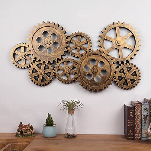 Decorazione Murale Decorazione da parete con ruota dentata grande, decorazione da parete con ingranaggi in stile industriale Steampunk da 90 cm, 8 sculture da parete collegate con ingranaggi in legno,