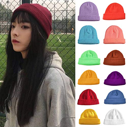 Gorro unissex de tricô para inverno – cor lisa – touca de enrolar para homens e mulheres