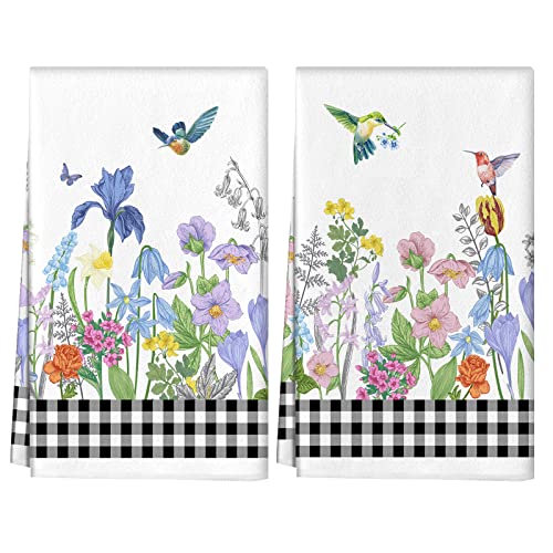 2 Pcs Spring Summer Hummingbird Kitchen Dish Towels, Tulip Flowers Butterfly Tea Towels Dishcloths, Summer Wild Floral Hand Towels, Hummingbird Kitchen Decor, Housewarming Gifts For New Home 18X27.5 #TOP23