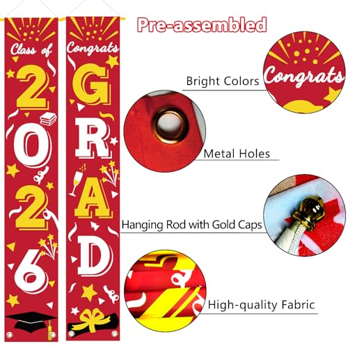 Image of Graduation Porch Banner Class Sign Congrats Grad Hanging Flags High School College University Party Decoration For Front Door Outdoor Red Gold
