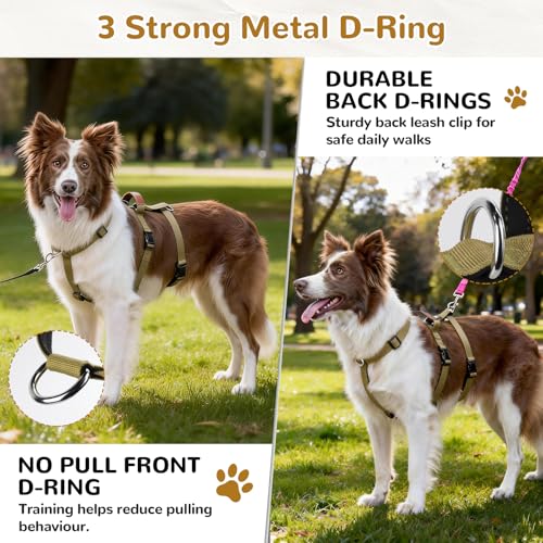 Ledeak Hundegeschirr Ausbruchsicher, Anti Zug Sicherheitsgeschirr Hund, Verstellbare Brustgeschirr mit Gepolstertem Griff, Ausbruchsicheres Geschirr für Hunde Training & Spazieren (Khaki, XL)