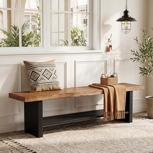 TRIBEWOOD 55" Solid Wood Bench with Shoe Storage, 2-Tier Farmhouse Entryway Bench, Narrow Rustic Brown Bench for Bedroom, Hallway