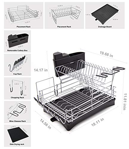 Qienrrae Dish Drying Rack, 2 Tier Large Dish Rack And Drainboard Set With Swivel Spout, Stainless Steel Dish Drainer For Kitchen Counter With Wine Glass Holder, Utensil Holder, Extra Dish Drying Mat #TOP5