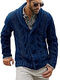 Mens Cable Knit Cardigan Sweater Shawl Collar Loose Fit Long Sleeve Casual Cardigans Navy