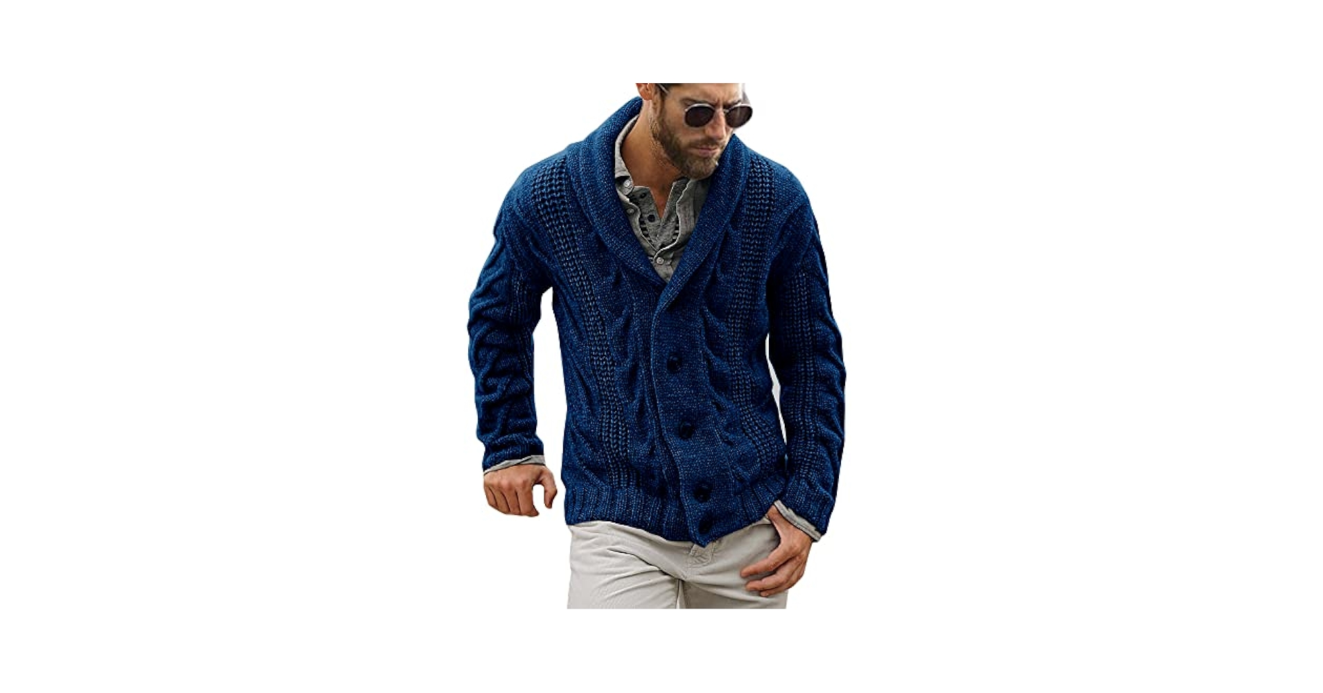 Mens Cable Knit Cardigan Sweater Shawl Collar Loose Fit Long