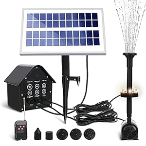 JonesHouseDeco Fontein pomp op zonne-energie, 5 ledlampen, 3,6 W fontein op zonne-energie, waterpomp, debiet 200 l/u, met 5 fonteinstijlen voor zwembad, vogelbad, vijver, terras en tuindecoratie