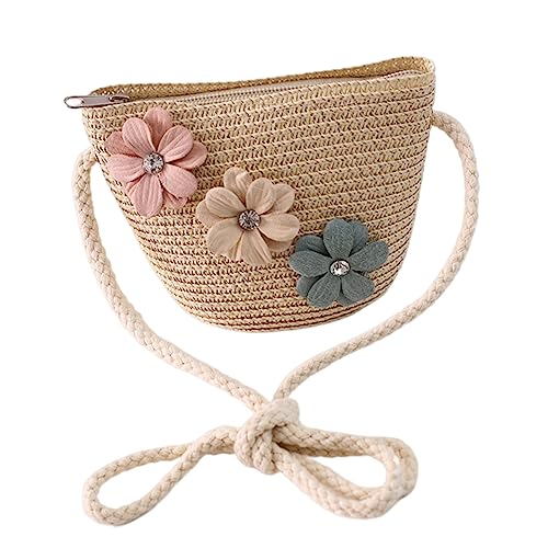 Mini bolsos cruzados de paja infantil en color beige con detalles de flores para verano