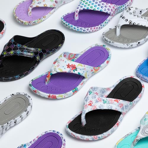 Image of GreaterGood Walking Paws Flip Flops Rainbow Colorful Lightweight Contoured Non Slip Textured Footbed Beach Sandals for Women
