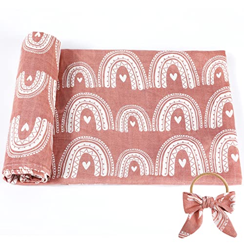 Image of Baby Muslin Swaddle Blanket with Headbands Soft Unisex Cotton for Boys Girls Baby Swaddle Blanket Newborn Boho Rainbow Earthy Solid Color
