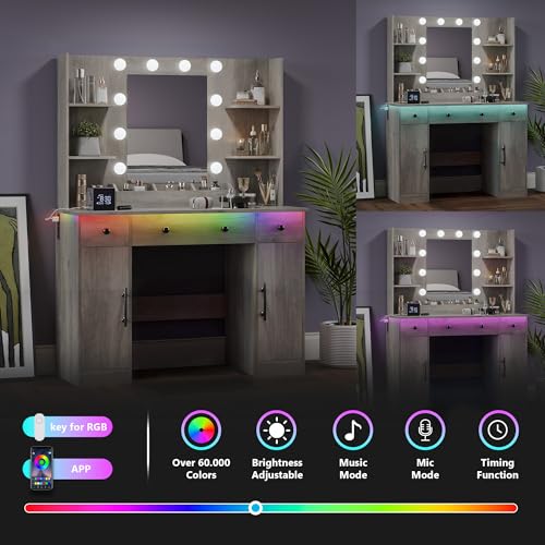 Image of Wodeer Makeup Vanity Desk with Mirror and Lights, 43 inch Grey Vanity Set with 3 Drawers, Power Outlet & Adjustable RGB LED Lights, Dressing Table with Storage Shelf for Women & Girls Bedroom