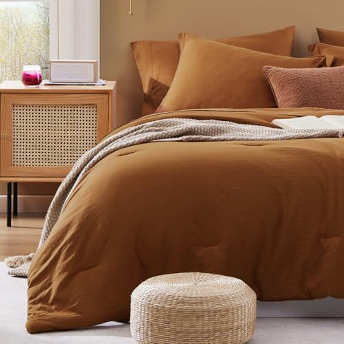 Image of Super King Plus Size Comforter Set- 7 Pieces Bed in a Bag King Bedding Sets | Prewashed All Season Comforter with Sheets, Pillow Shams & Pillowcases,Terracotta