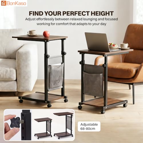 Image of BonKaso Height Adjustable Side Table with Wheels, Rolling Sofa Bedside Laptop Table, Wooden Top, Storage Pocket, Lower Shelf, Lockable Castors, Mild Steel Frame for Tea Work Reading Meals - Walnut