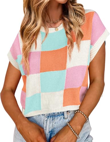 Women's Knit Crop Top - Checkered Cute Sweater, Cap Sleeve, Crew Neck | Trendy Casual Short Sleeve