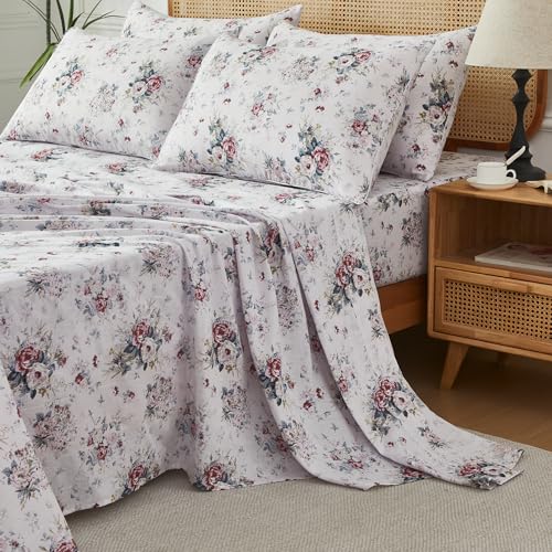 Image of FADFAY Breathable Double Gauze Cotton Sheets Set - Pistachio White Floral Cottagecore Bed Set, Ultra Soft Lightweight 100% Cotton Gauze Bedding, Summer Cooling Bed Set with Pillowcases