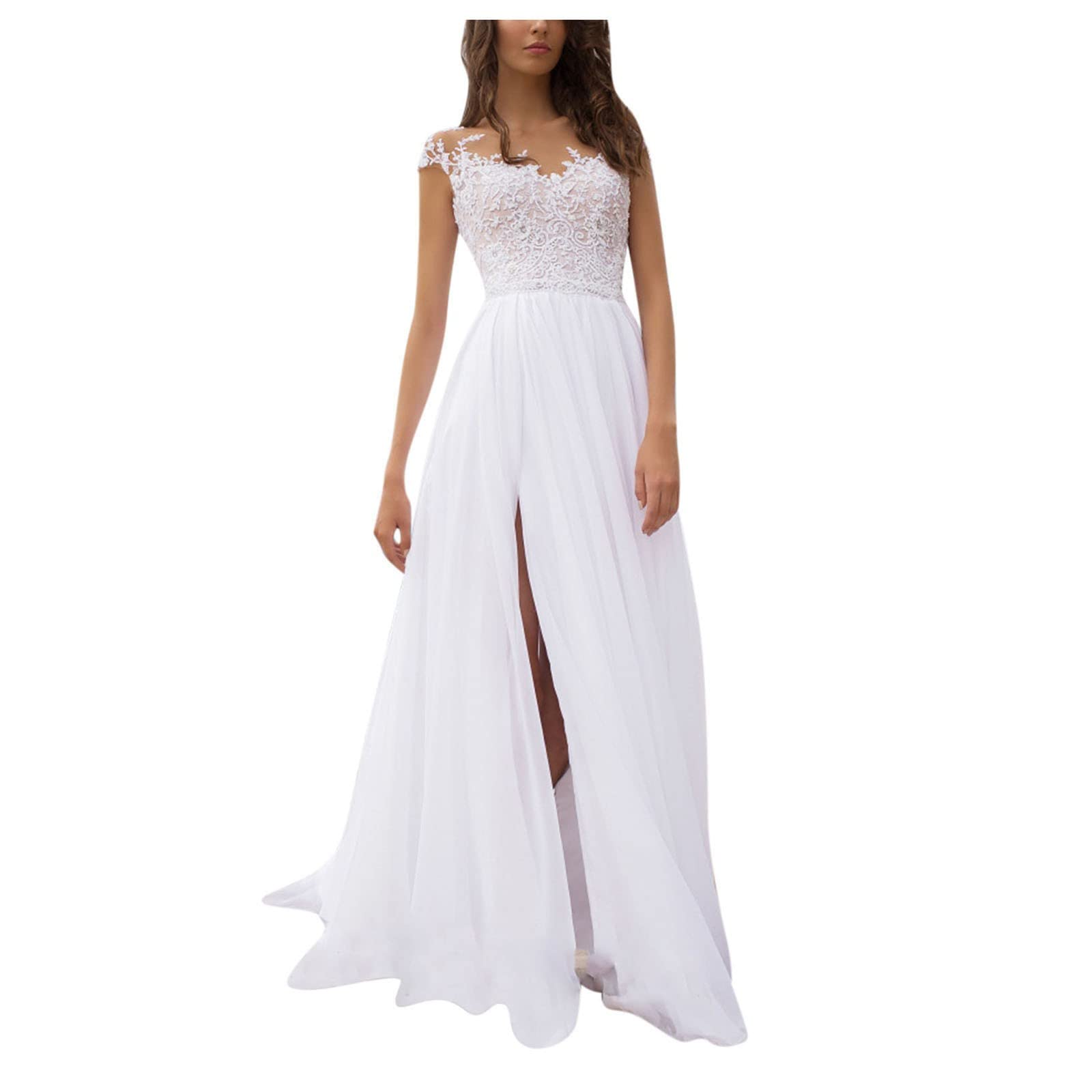 Robe de Mariée en Mousseline de Soie et Dentelle - Longue, Vintage, Bohème, Élégante Avec Fente