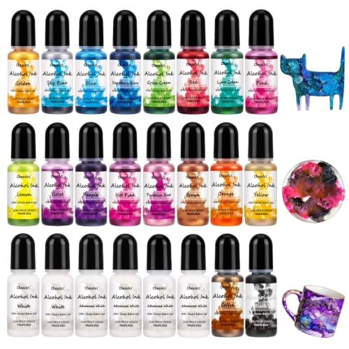 CHEAPART Alcohol Ink Set 24 Vibrant Colors Resin Dye High Concentrated Fast Drying Alcohol Based Epoxy Resin Pigment Resin Art Tumblers Coaster Acrylic Fluid Painting Crafts (24x10ml/0.35 fl oz)