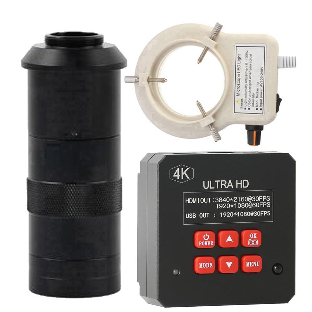 Videocamera per microscopio Industriale USB HD 4K HDMI e Obiettivo 100X con Attacco C con Luce ad Anello Regolabile a 56 LED per PCB del Telefono Tablet PC