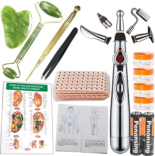 Acupuncture Super Set: 5-Head Electronic Acupuncture Pen + Gua Sha Tool + 600 Ear Seeds + Retractable Acupuncture Pen + 4 x Extra Massaging Gel + Tweezers + Acupressure Chart + 2 x AA Batteries