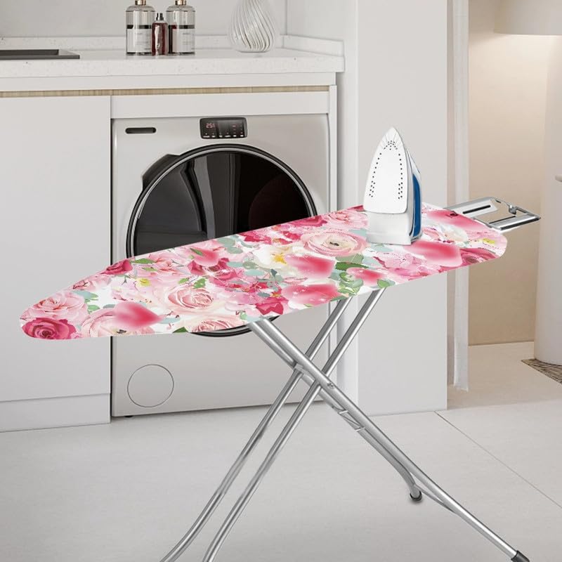 Daulesho Pink Rose Flower Ironing Board Cover Watercolor Valentine's Day Roses 15x 54 Elastic Edges Non-Slip Iron Board Cover Heart Balloon 3 Hook and Loop Fastener Strap