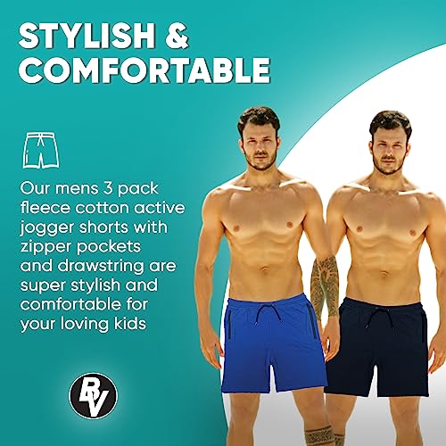 BROOKLYN VERTICAL Mens 3 Pack Fleece Cotton Active Jogger Shorts with Zipper Pockets and Drawstring | Size S-2XL2