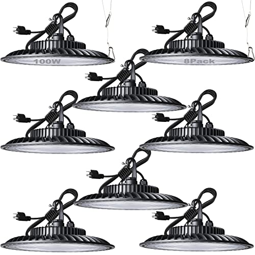 Lightdot 100W LED High Bay Shop Light for Warehouse Barn Garage, 5000K 14000LM (Eqv. to 400W HPS/MH) LED High Bay Light, ETL Listed, 5ft UL Cable Plug for Commercial Warehouse Lighting (8Pack)