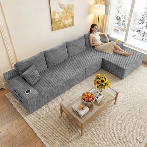 Image of 138 inch Cloud Sectional Couch with L Shape Chaise, Extra Large Frameless Corduroy Sofa, Higher 17.7 inch Seat Height, 32D Pure Foam,Modular Seating for Living Room,No Assembly(Light Gray,Right Facing Chaise)