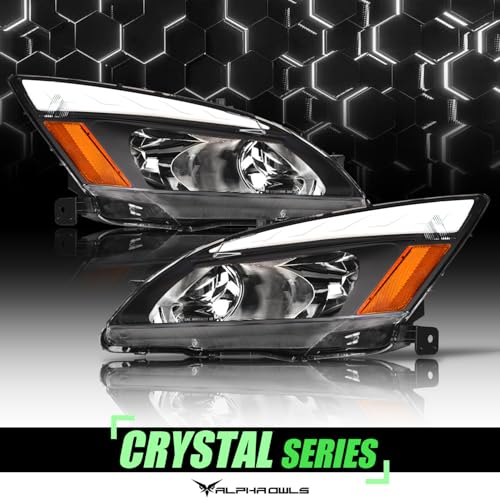 Alpha Owls Crystal Headlights with White LED Strip|Compatible With 2003-2007 Honda Accord|8742914|Black Amber by Alpha Owls - Used condition - Image 2