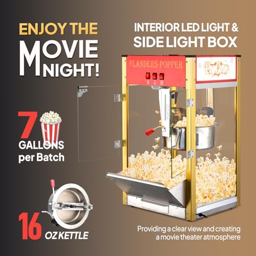 Image of ROVSUN Popcorn Machine with 16 Ounce Kettle ETL Certified, Vintage Popcorn Maker Commercial Popcorn Machine Countertop w /Stainless Steel Scoop, Oil Spoon & 3 Popcorn Cups for Home Movie Theater, Red
