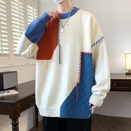 Colorblock Stitch Knit Sweater Men Vintage Crewneck Pullover Winter Warm Long Sleeve Knitwear Casual Loose Jumper2