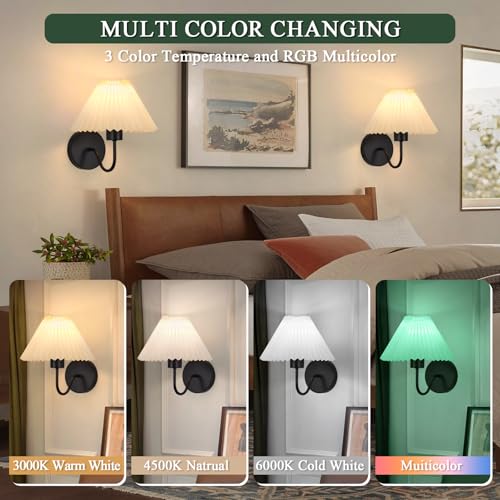 Image of ADISUN Wall Sconces Sets of 2 RGB Battery Operated Wall Sconces for Bedroom Dresser Classic Black Wall Lamp with Remote for Living Room Bathroom Dining Room Corridor Staircase (2 Bulbs Included)