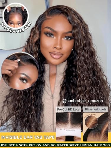 Image of Sunber Bye Bye Knots 7x5 Lace Glueless Water Wave Human Hair Wig 16Inch | Golden Brown Highlights No Slip Wet and Wave Gluless Wig 150% Density Put On Go Pre Bleached Invisible Knots