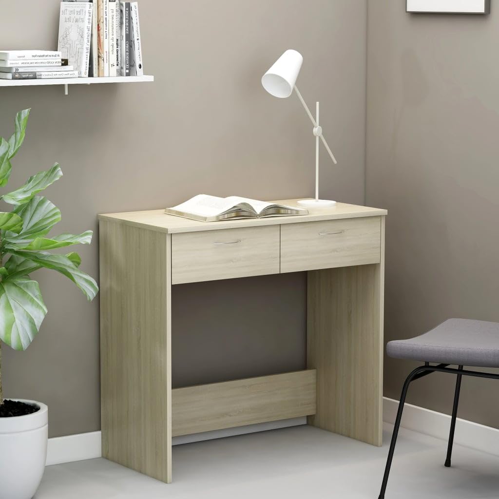 Escritorio de 80 x 40 x 75 cm, roble Sonoma, material de madera, diseño moderno con 2 cajones, resistente y duradero, adecuado para el hogar, oficina, habitación juvenil y espacios pequeños