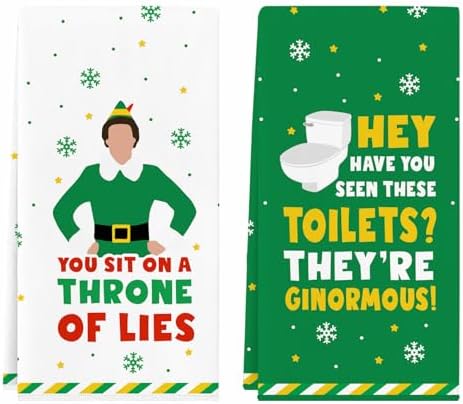 Funny Elf Christmas Towels, 2 Pack Holiday Bathroom Hand Towels, Buddy The Elf Merch Gifts Kitchen Dish Towels Set, Christmas Kitchen Bathroom Decorations, White Elephant Gifts Stocking Stuffers