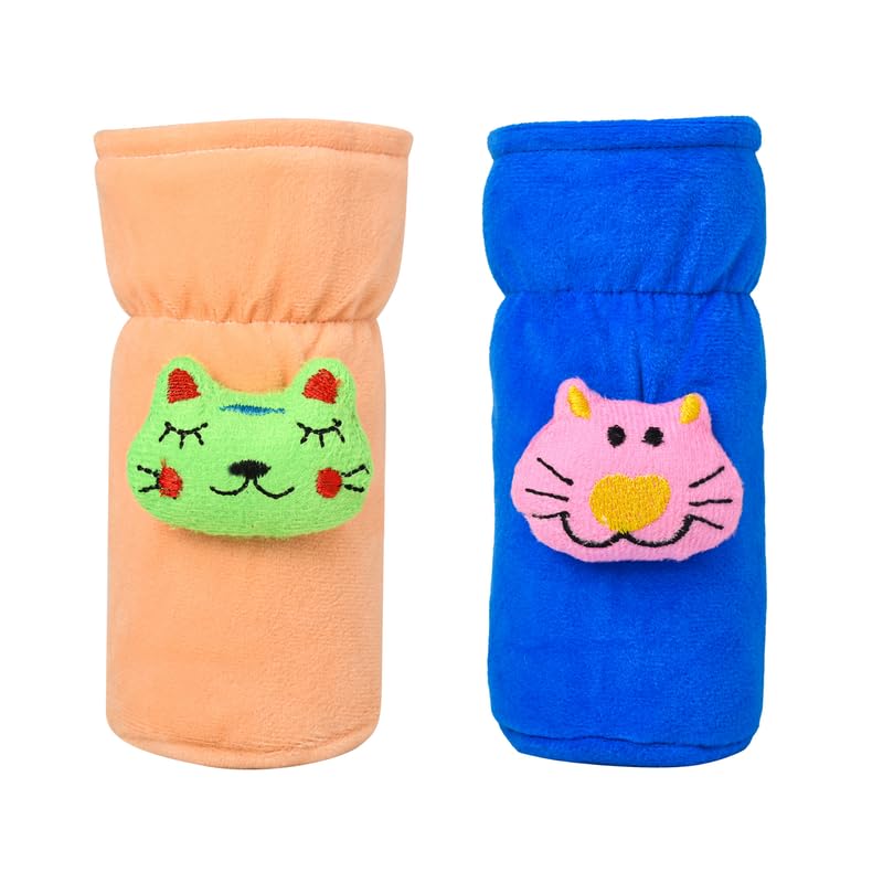 Image of Soft Plush Stretchable Baby Feeding Bottle Cover Easy to Hold Strap with Cute Animated Cartoon| Suitable for 60-125 Ml Feeding Bottle (Peach-Light Blue)