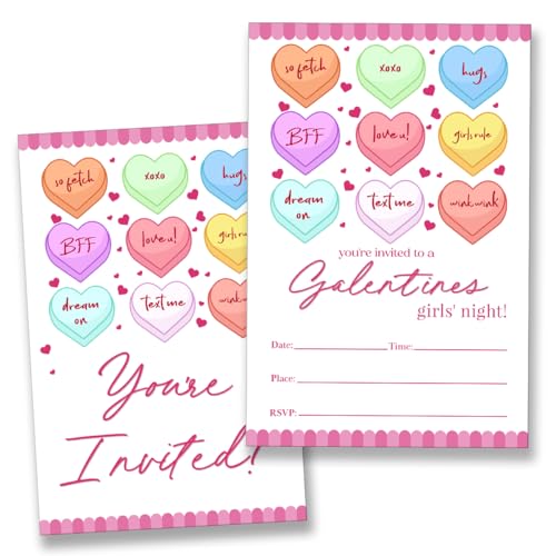 YLKJSTYS Pink Girls Night Party Invitations Candy Hearts Galentine's Day Party Invites (20 Cards with Envelopes) Double Sided Design