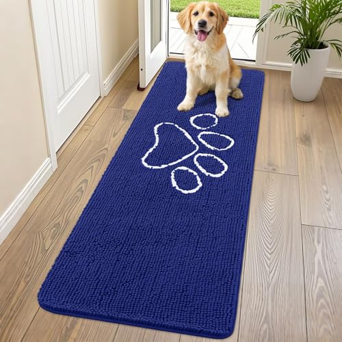 Image of Smiry Dog Door Mat for Muddy Paws, Absorbent Dirt Trapper Non Slip Quick Dry Washable Chenille Mat for Mud Dogs, Entry Rug for Indoor and Outdoor (70x24 Inches, Navy Blue and White)