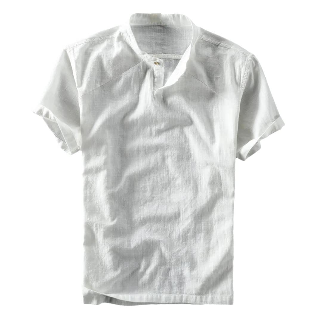 Maglietta da uomo in cotone e lino a maniche corte con colletto alla coreana, bianco, XL