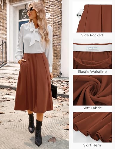Kate Kasin Women\'s Long Brown Pleated Midi Skirt Fall Winter 2025 High Waisted Knee Length Flowy A Line Skirts with Pockets - Thumbnail 4