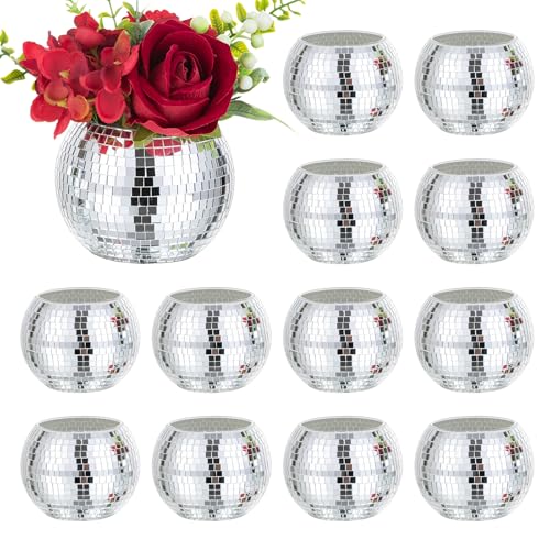 Image of Disco Ball Vases for Table Centerpieces - Hewory 12pcs Silver Mirror Glass Planters Flower Pot Containers, Bulk Disco Balls Bowl Candle Holders for Wedding Bridal Shower Birthday Events Party Decor