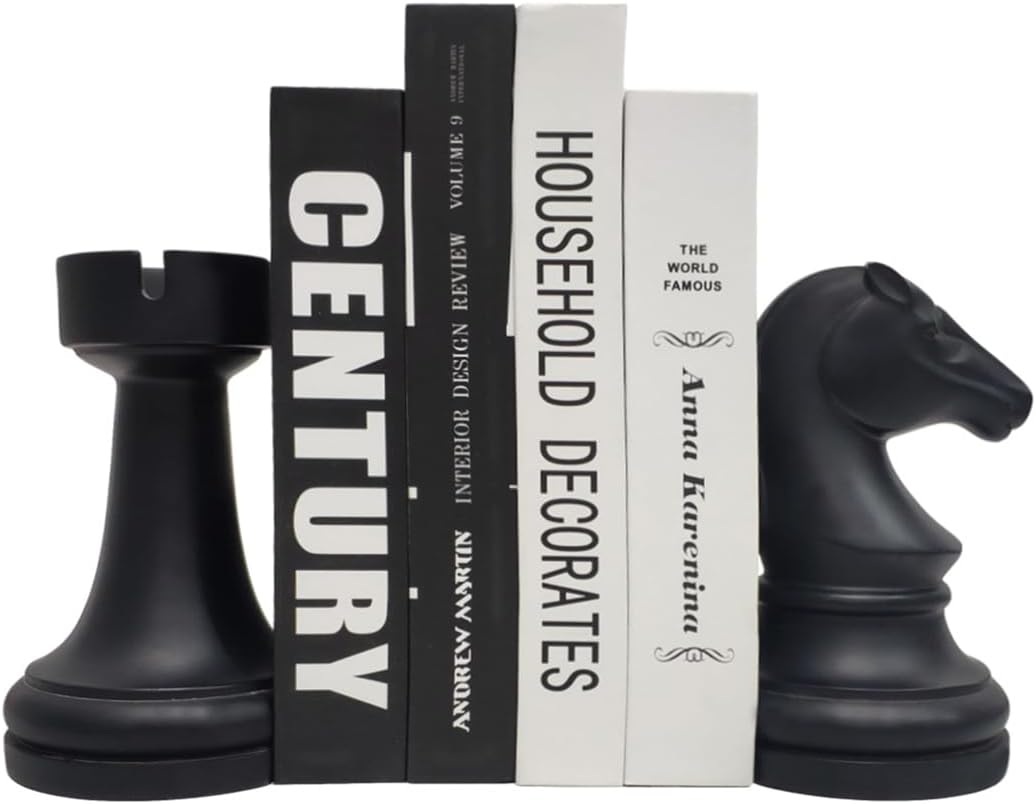 Chess Bookends Novelty Book Holders, Decorative Book Ends Modern Bookends Stoppers for Shelves, Black Heavy Duty Book Ends for Shelves Office Desk Decoration, Resin, 7" x 7"